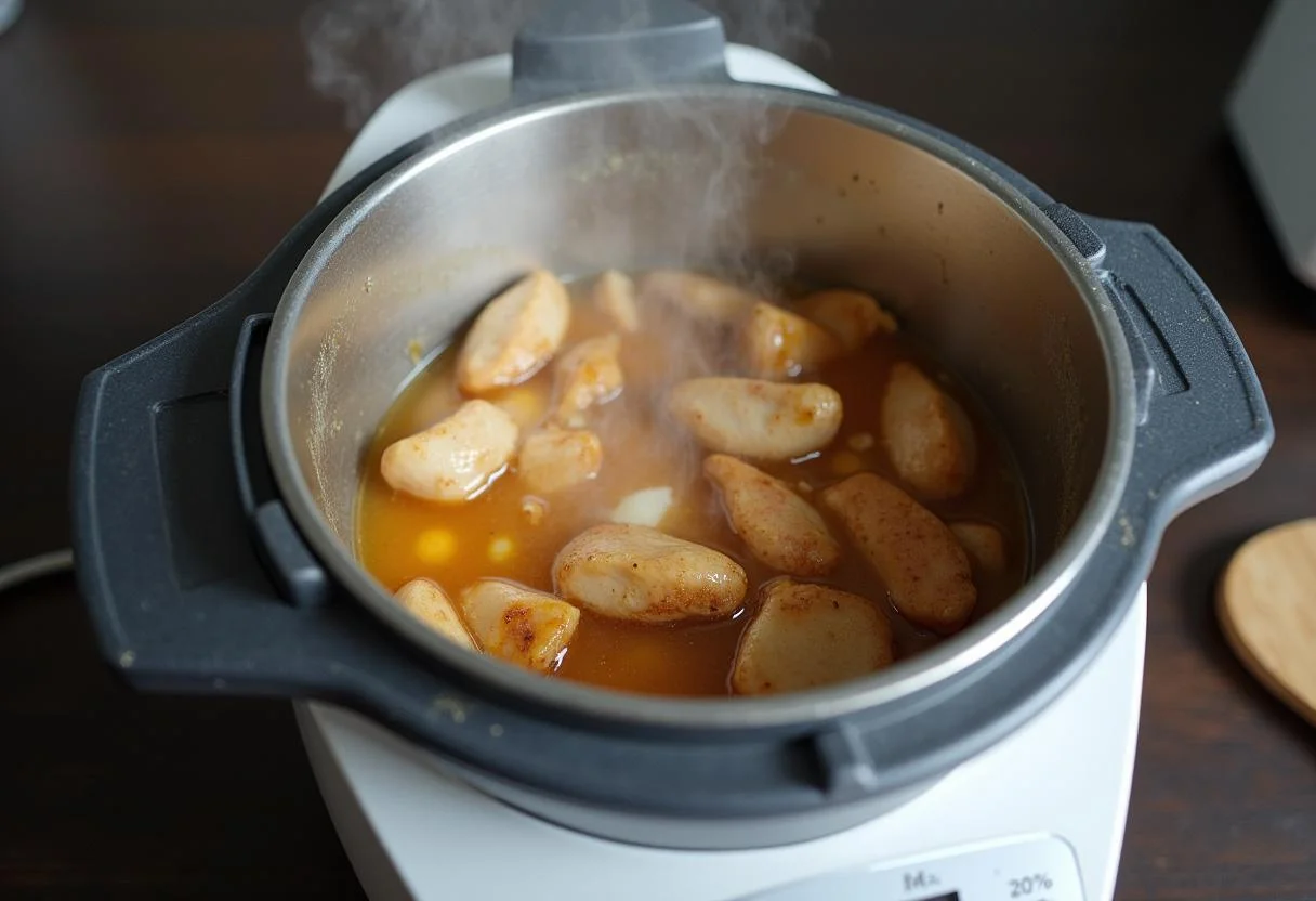 Cooking Pollo con Almendras thermomix style in a Thermomix, showcasing the rich aroma.