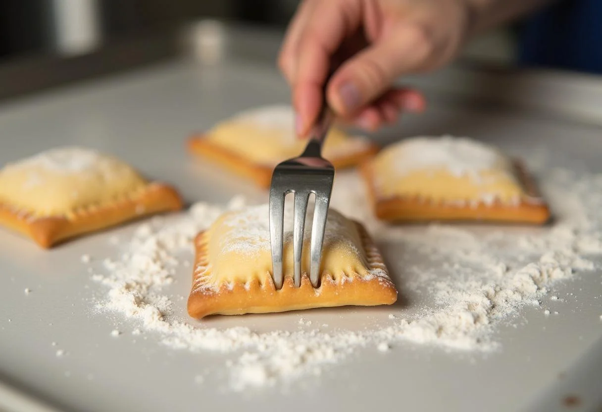 Sellando los bordes de los pop tarts caseros con un tenedor, capturando el arte de las tartas caseras.