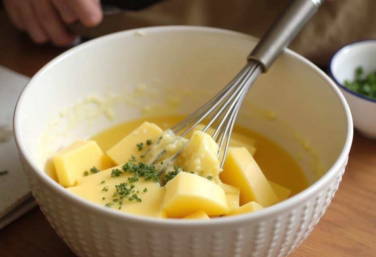 Queso ArzĂşa loncheado siendo mezclado con mantequilla y hierbas para una textura cremosa.