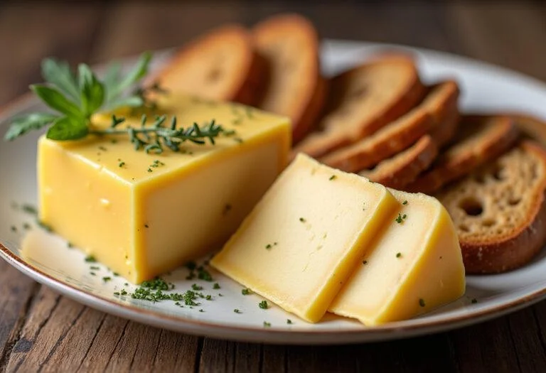 Finished Queso Gamonal Asturiano served with herbs and bread, ideal for cheese enthusiasts.