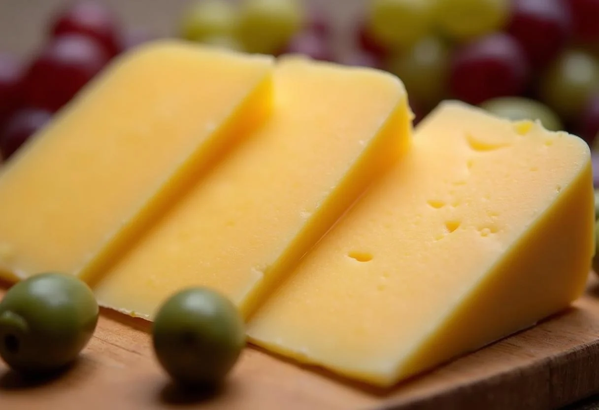 Queso Gamonal en rodajas con uvas y aceitunas, perfecto para una tabla de quesos gourmet.