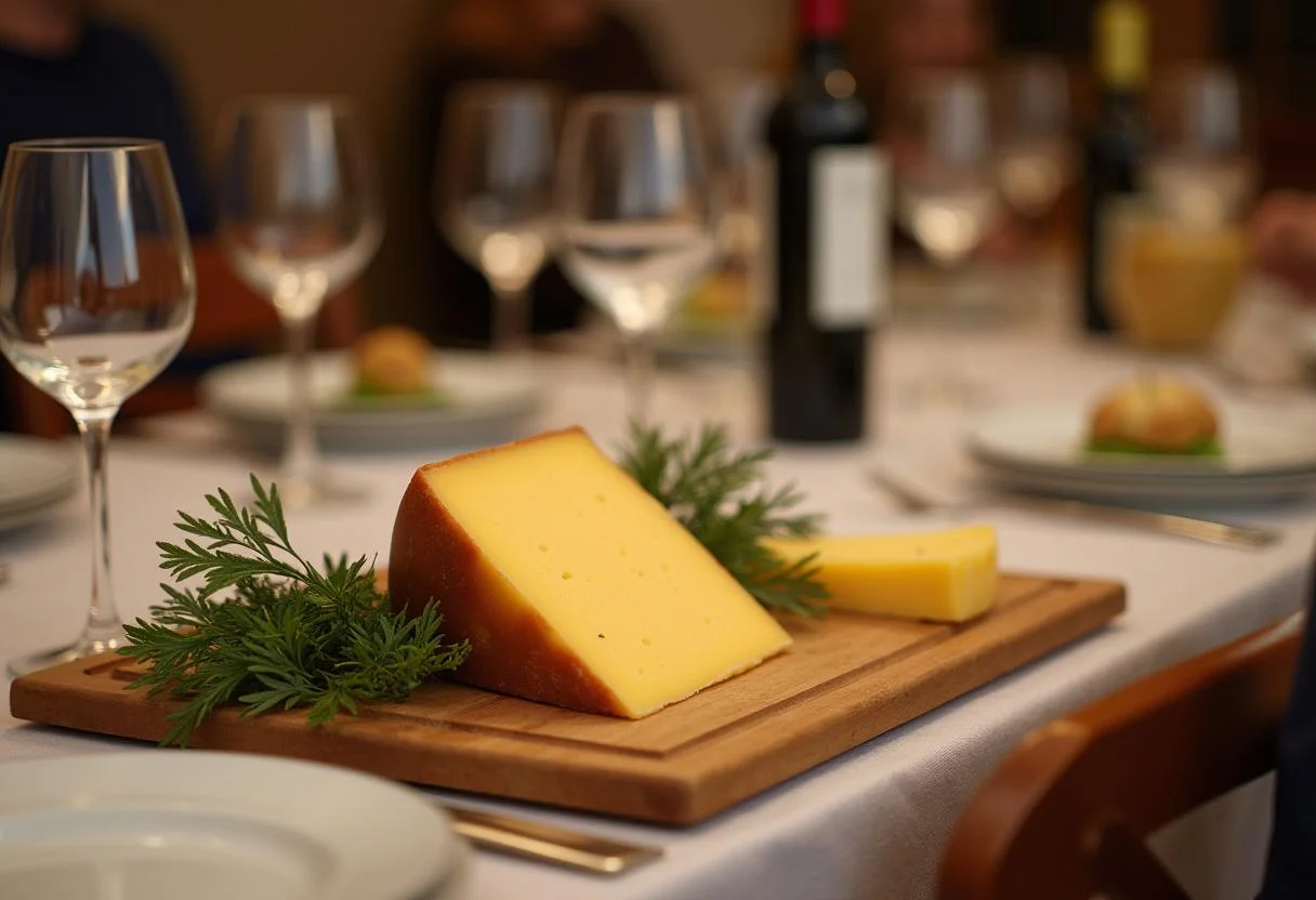 Elegante mesa de comedor que muestra Queso Gamonal Asturiano en una tabla de quesos con vino, perfecta para reuniones.
