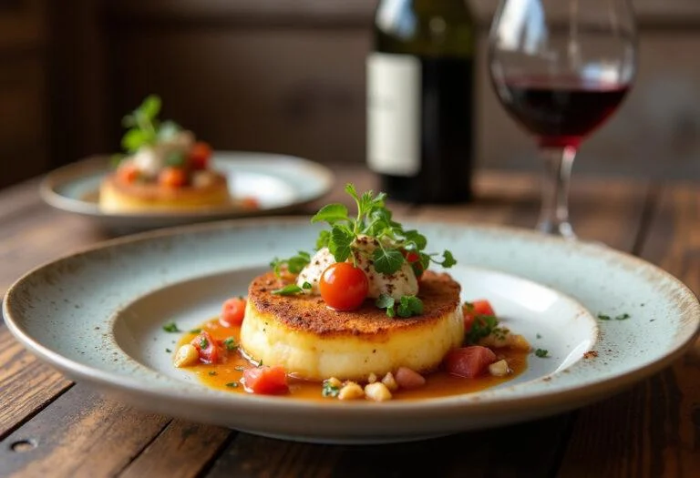 Finished Queso Idiazabal dish beautifully plated with herbs and wine, ideal for a gourmet experience.