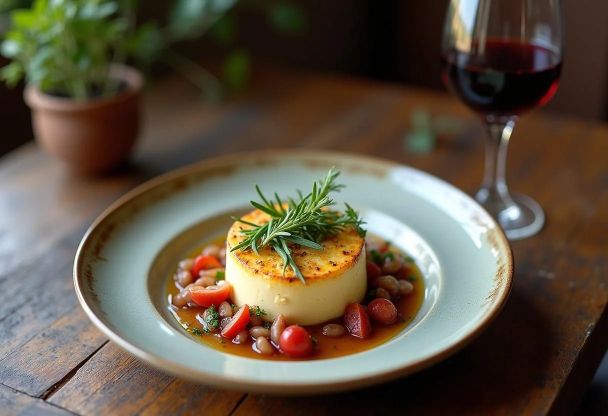 Finished Queso Idiazabal dish beautifully plated with herbs and wine, ideal for a gourmet experience.