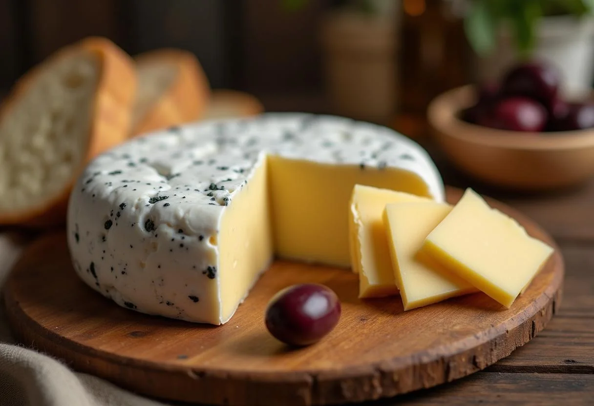Queso Idiazabal displayed on a wooden cheese board, perfect for cheese lovers.