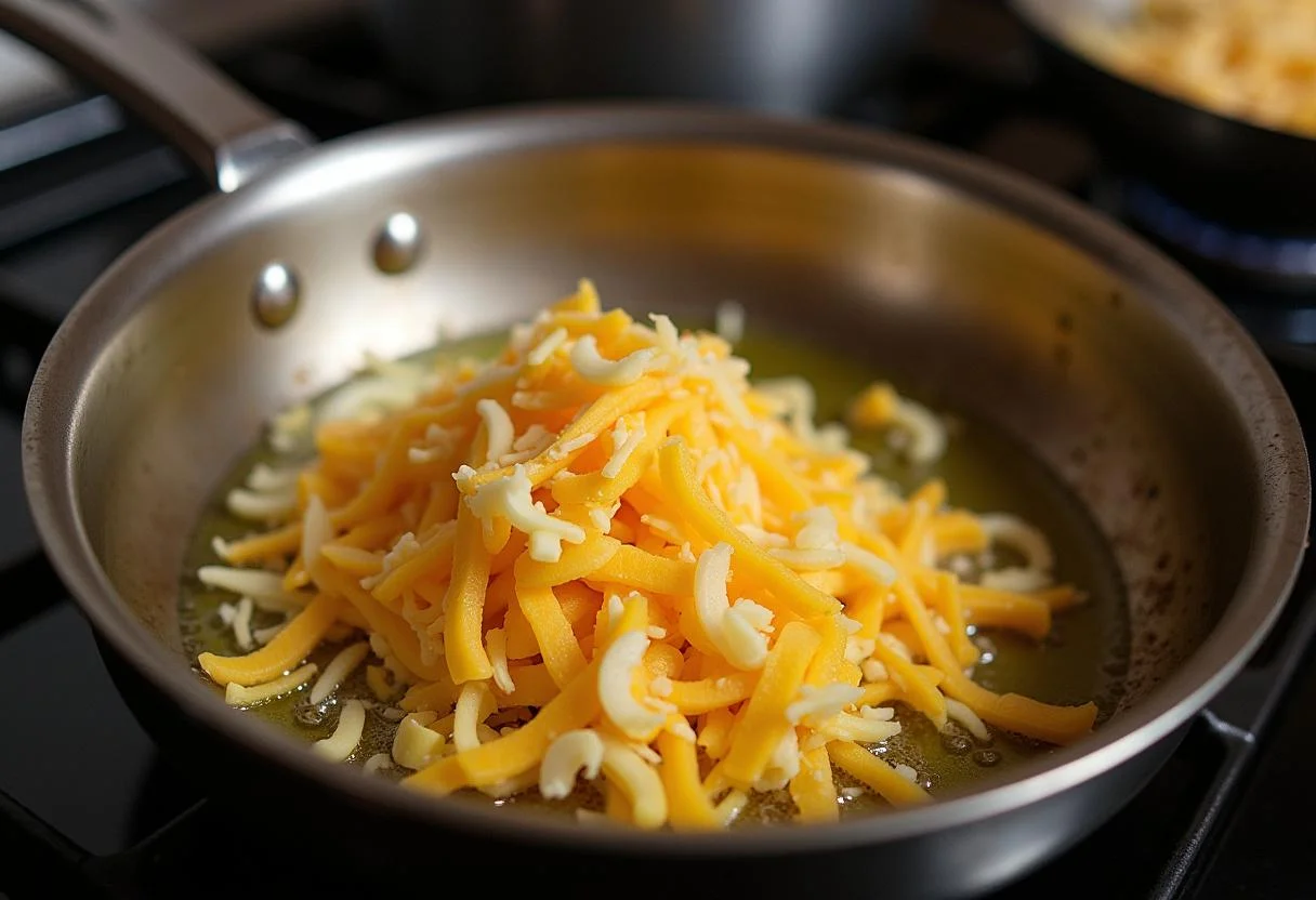 Preparing to sauté shredded queso idiazábal in a hot pan for cooking.