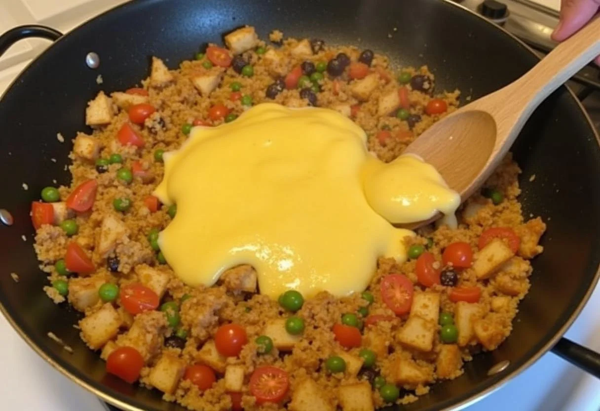 Sautéed ingredients with melted queso idiazábal in a frying pan, showcasing cheesy goodness.