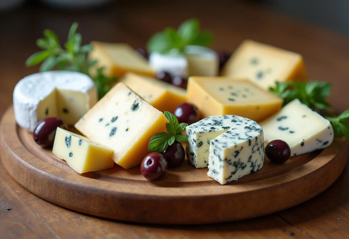 Assortment of queso italiano including mozzarella di bufala and gorgonzola on a wooden board.