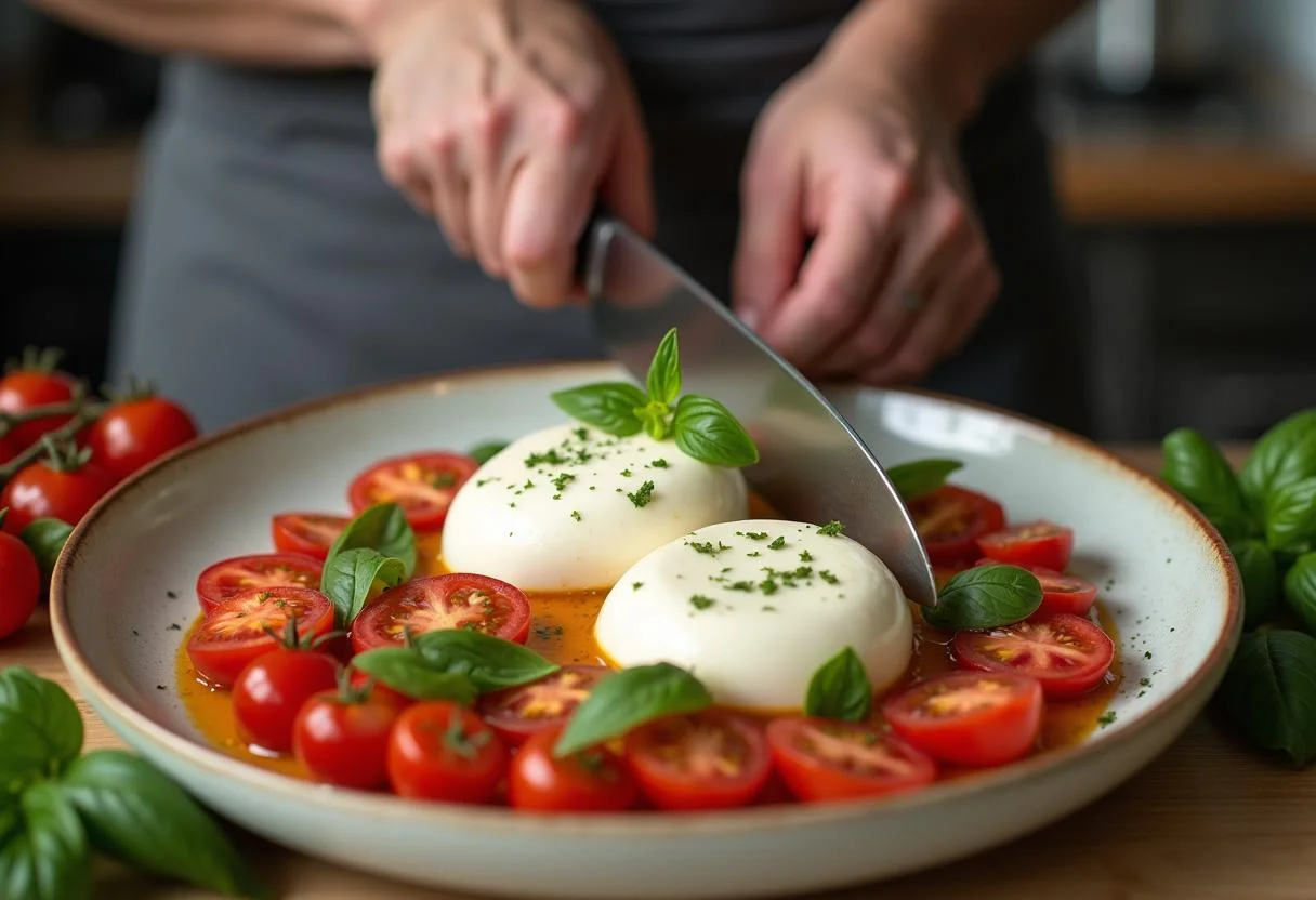 Slicing mozzarella di bufala for a delicious queso italiano dish.