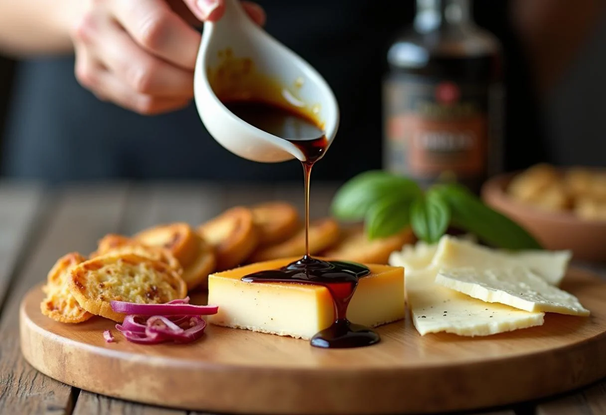 Balsamic glaze being drizzled over queso italiano for added flavor and presentation.