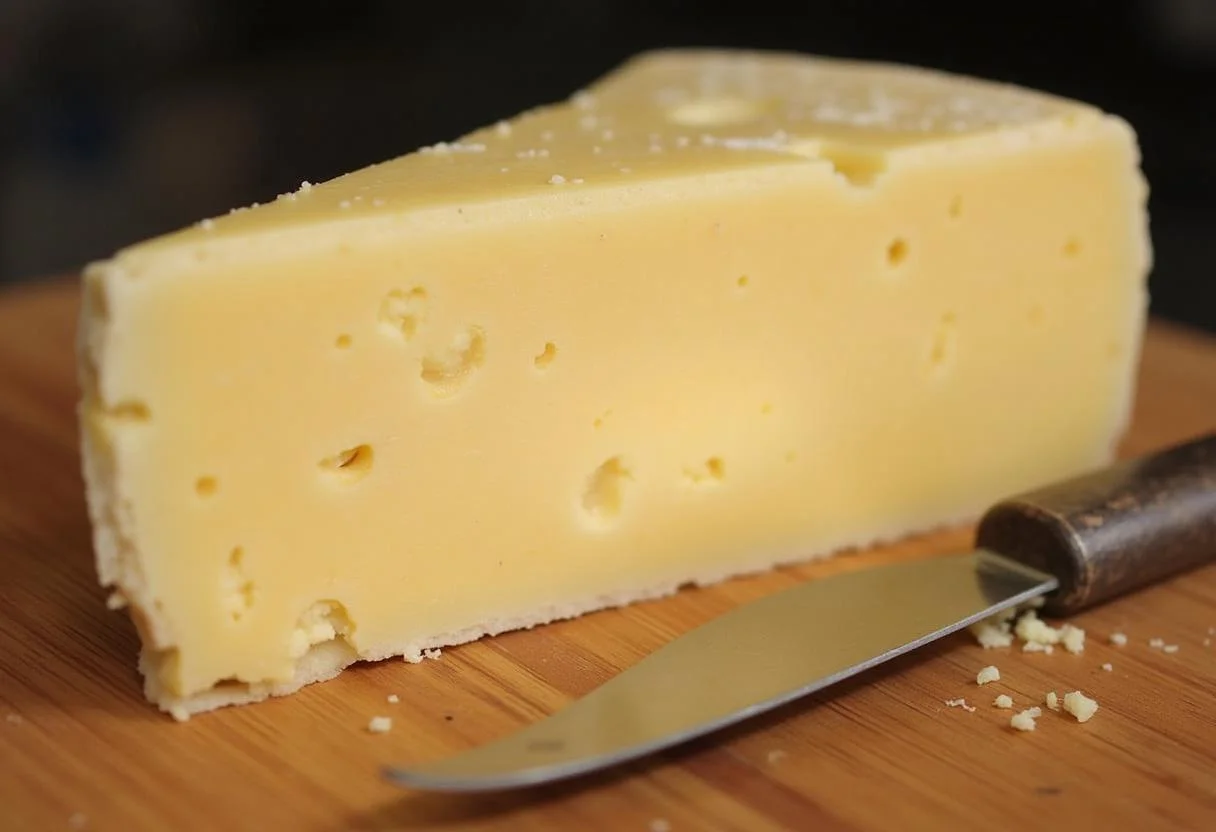 Rueda de queso Pecorino Romano lista para ser cortada en la tabla de quesos.