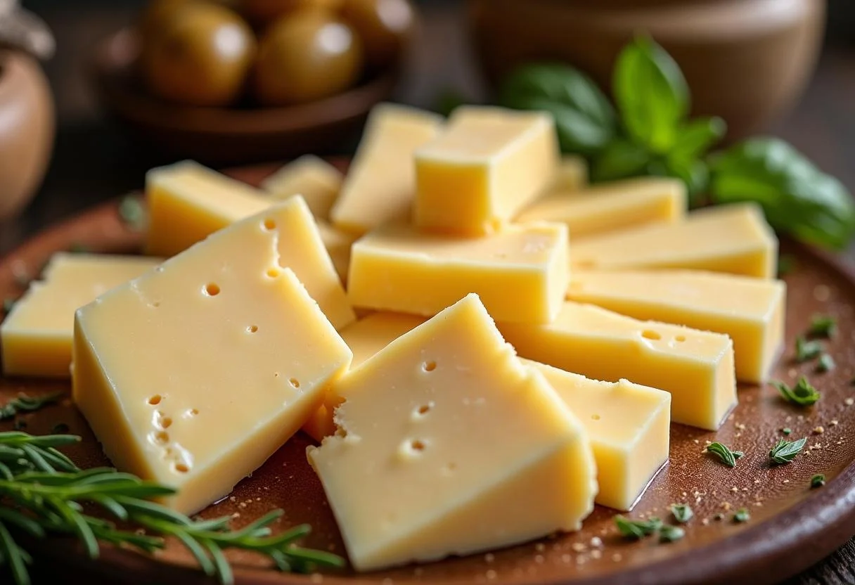 Sliced queso Pecorino Romano servido con hierbas frescas y aceitunas, ideal para una tabla de aperitivos.