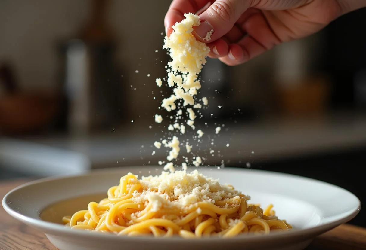Queso Pecorino Romano rallado esparcido sobre un plato de pasta, realzando su sabor.