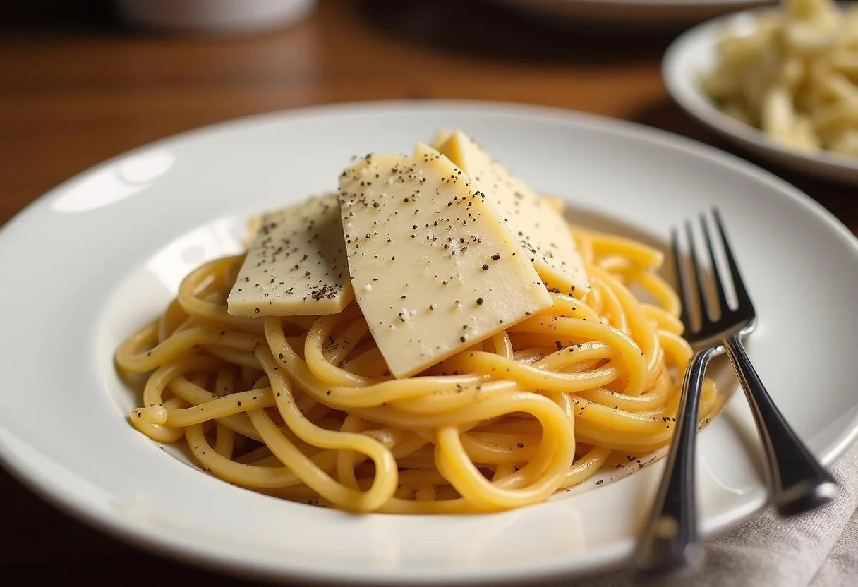 Plato de pasta con queso Pecorino Romano y pimienta negra, listo para disfrutar.