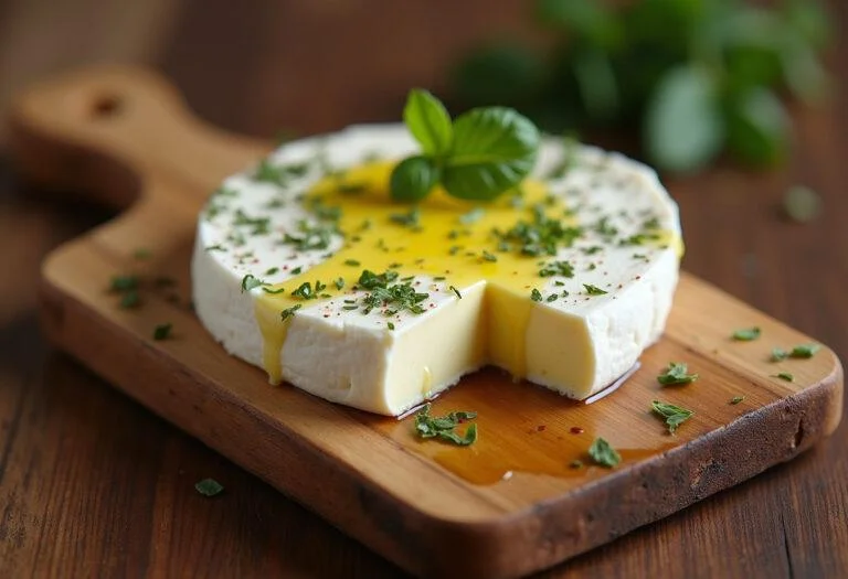 Freshly made queso stracciatella on a wooden board, perfect for serving.