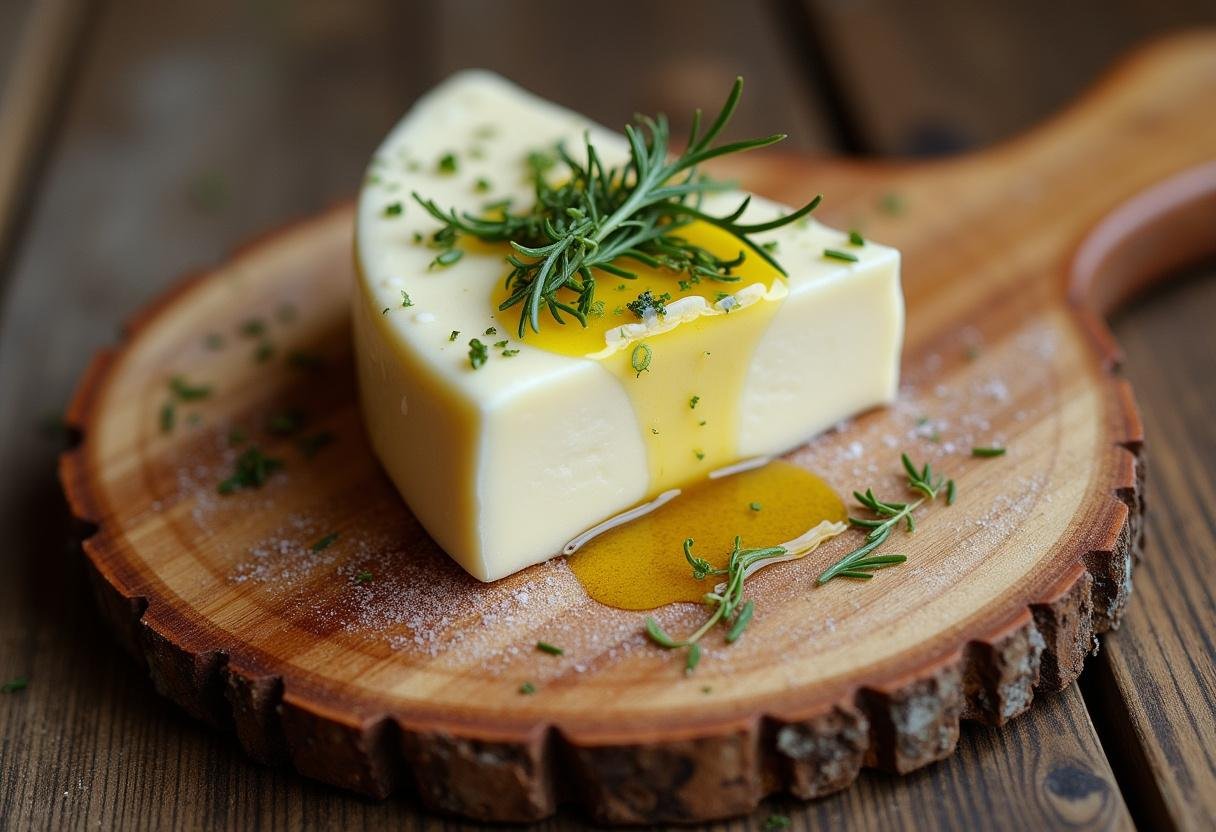 Queso stracciatella fresco recién hecho en una tabla de madera, perfecto para servir.