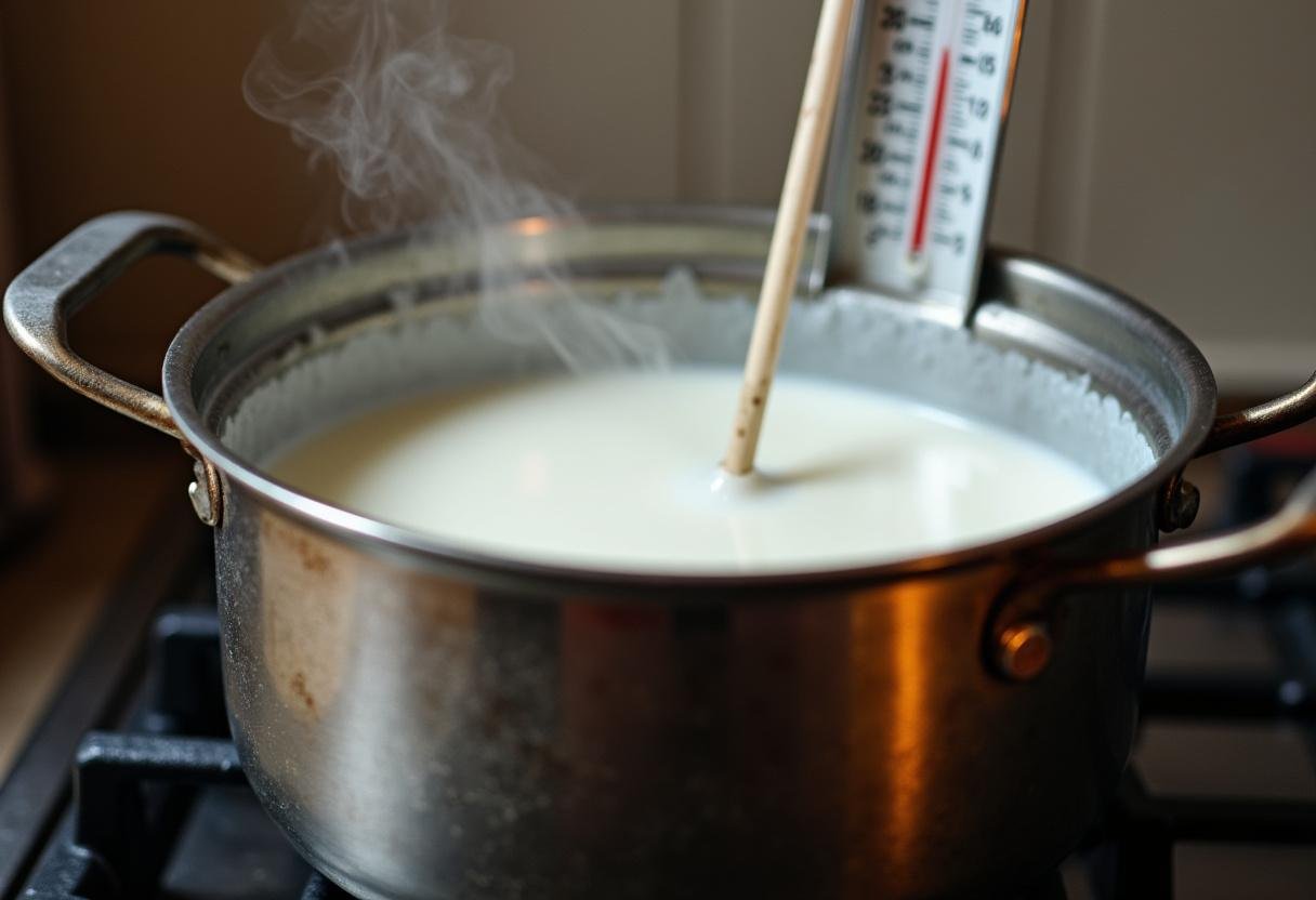 Calentando leche en una olla para preparar stracciatella queso.