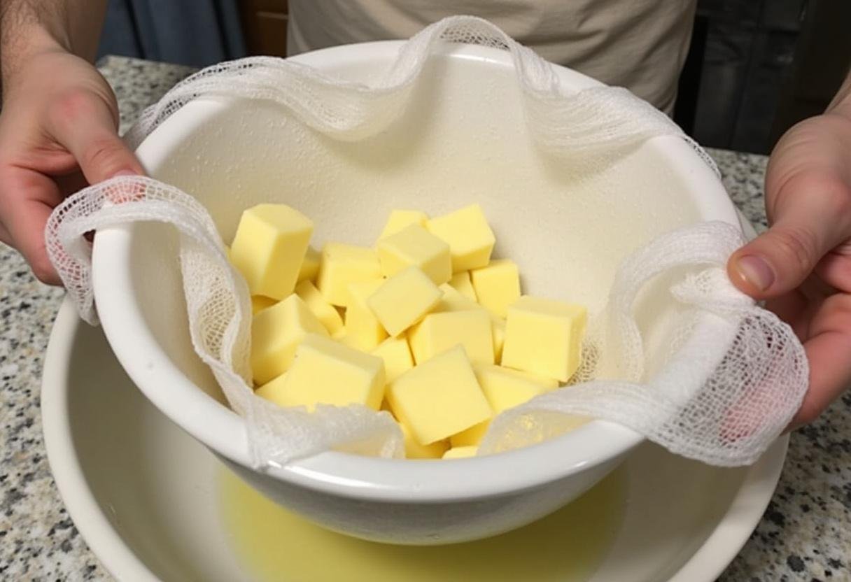 Drenando la cuajada en una gasa para la preparación de stracciatella queso.
