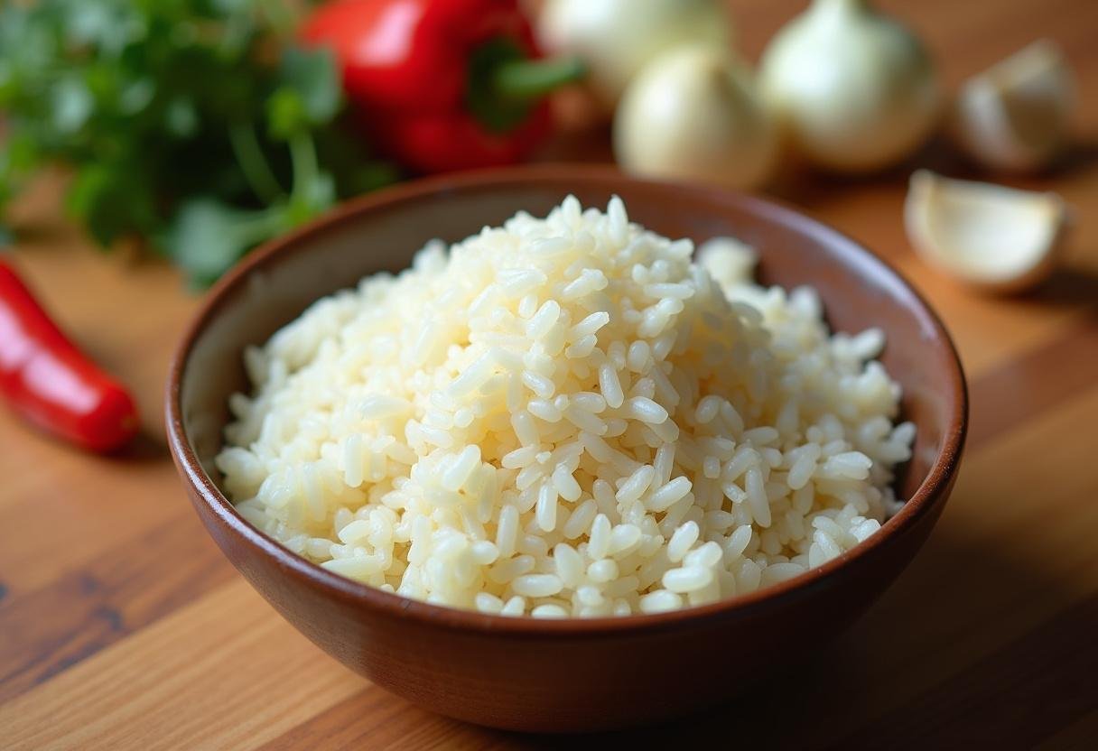 Ingredientes para la receta de arroz secreto: arroz, pimientos, cebolla y ajo.