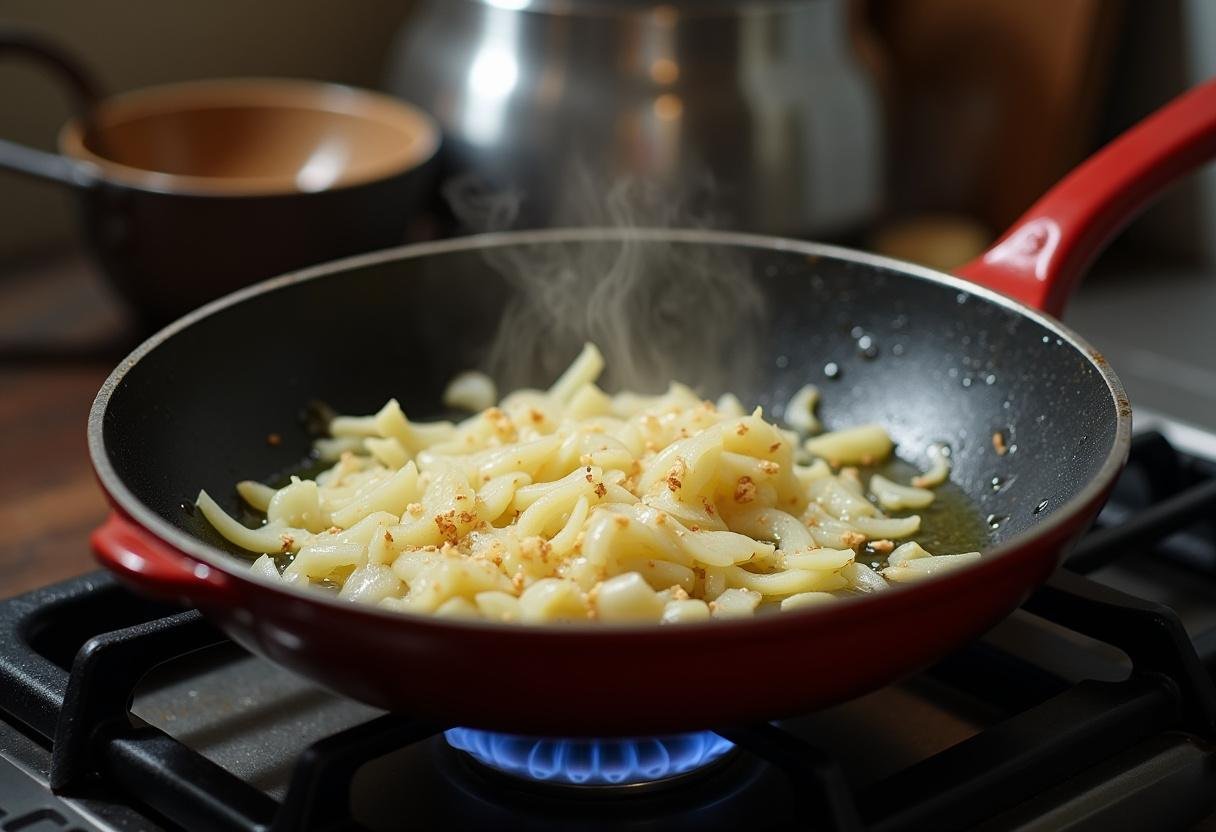 Cebolla sofrita en aceite de oliva, parte clave para el arroz secreto ibérico.