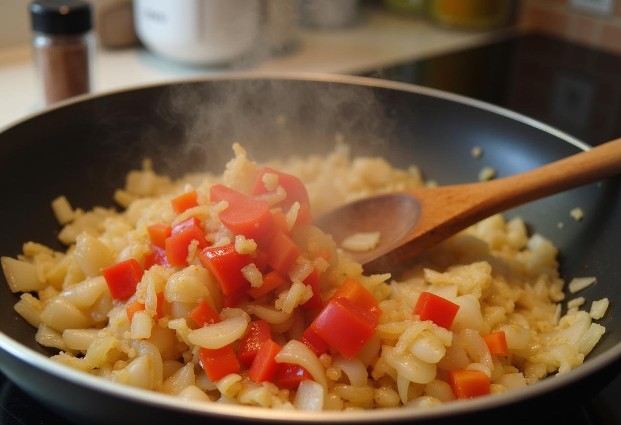 Pimientos añadiéndose a las cebollas para el arroz secreto, aportando sabor a la receta.