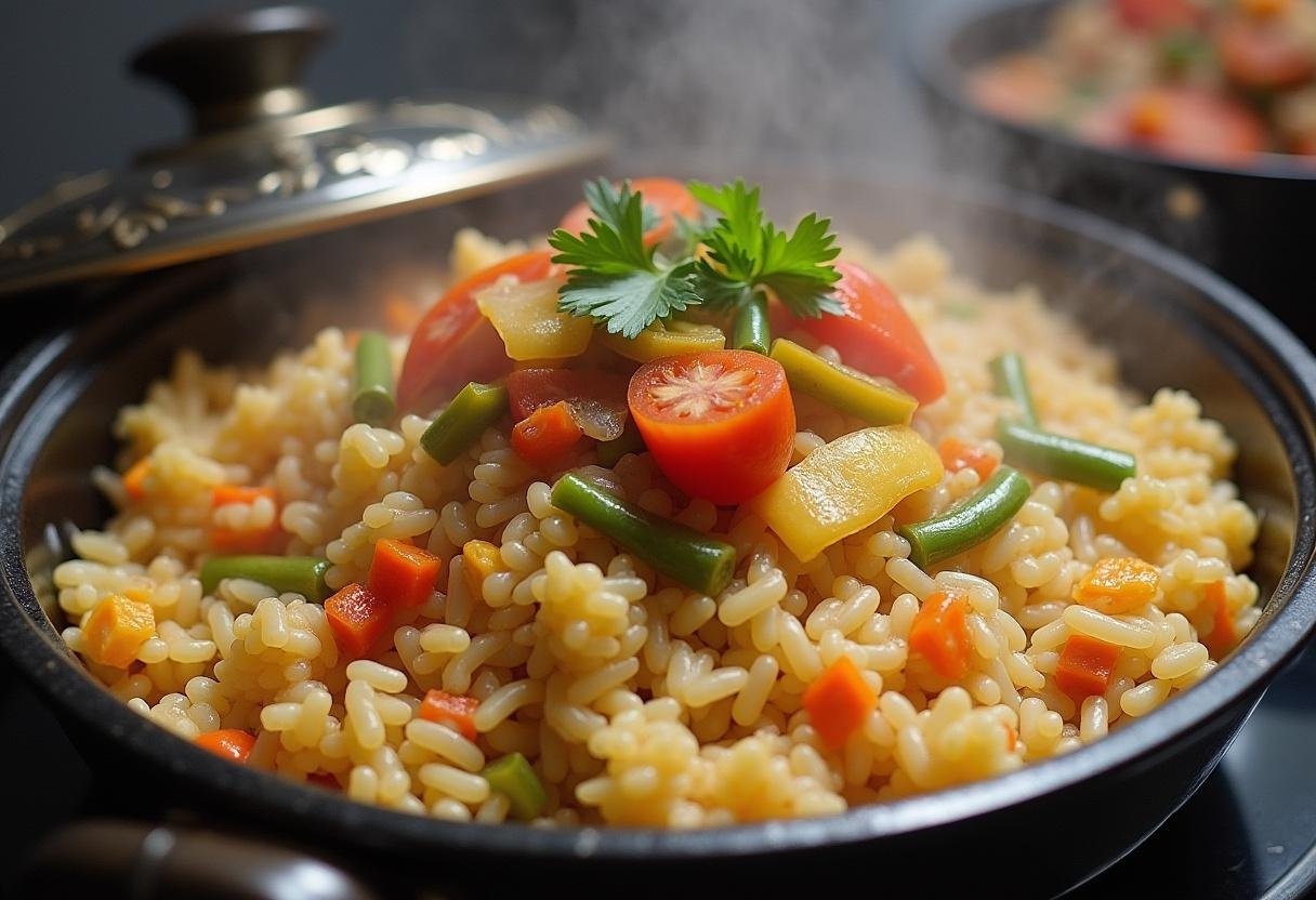 Arroz secreto cocinándose en una olla, listo para ser servido con verduras.