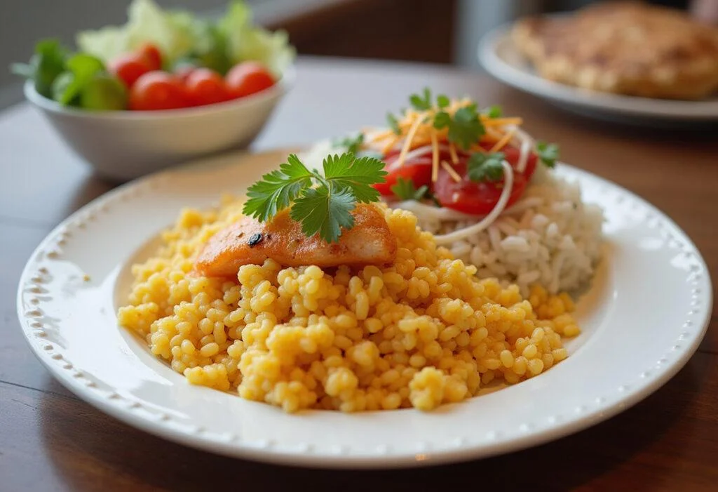 Plated caella pescado with rice and garnish, perfect for a delicious seafood meal.