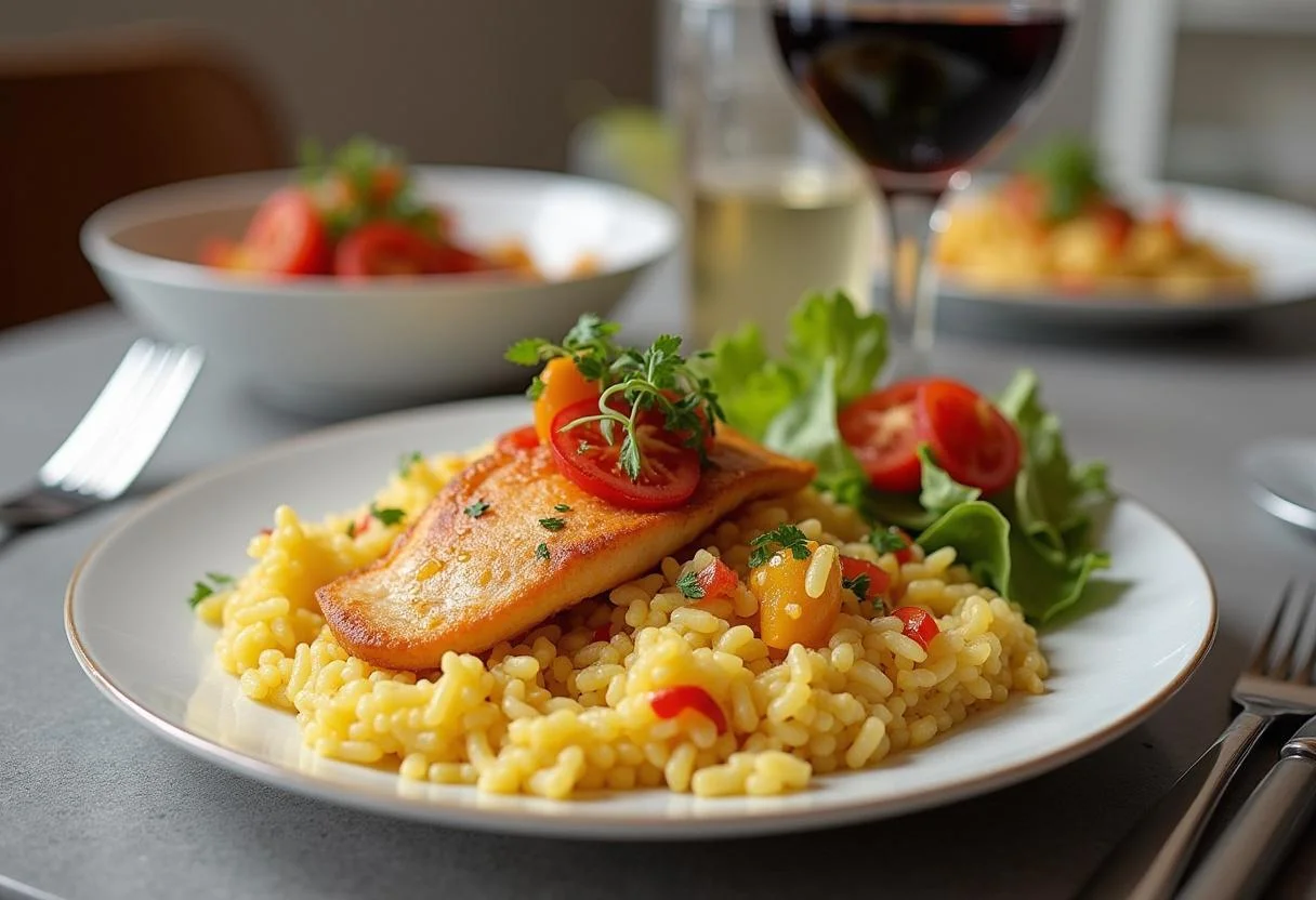 Plato de caella pescado con arroz y guarnición, perfecto para una deliciosa comida de mariscos.