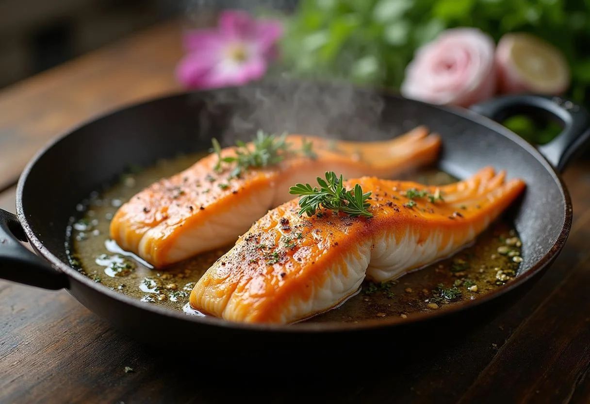 Filete de caella pescado chisporroteando en una sartén, preparándose para una deliciosa comida.