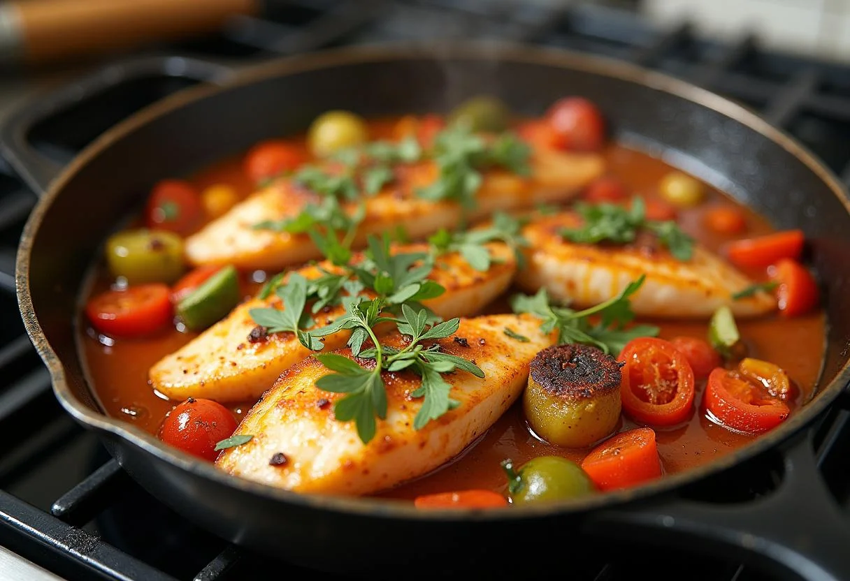 Sartén de caella pescado con vegetales, listo para ser disfrutado en la receta de caella pescado.