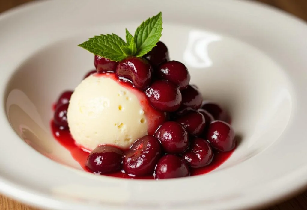 Postre de cerezas frescas con helado de vainilla y jarabe de cereza, perfecto para cualquier ocasión.