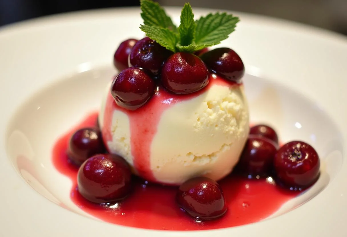 Postre de cerezas frescas con helado de vainilla y jarabe de cereza, perfecto para cualquier ocasión.