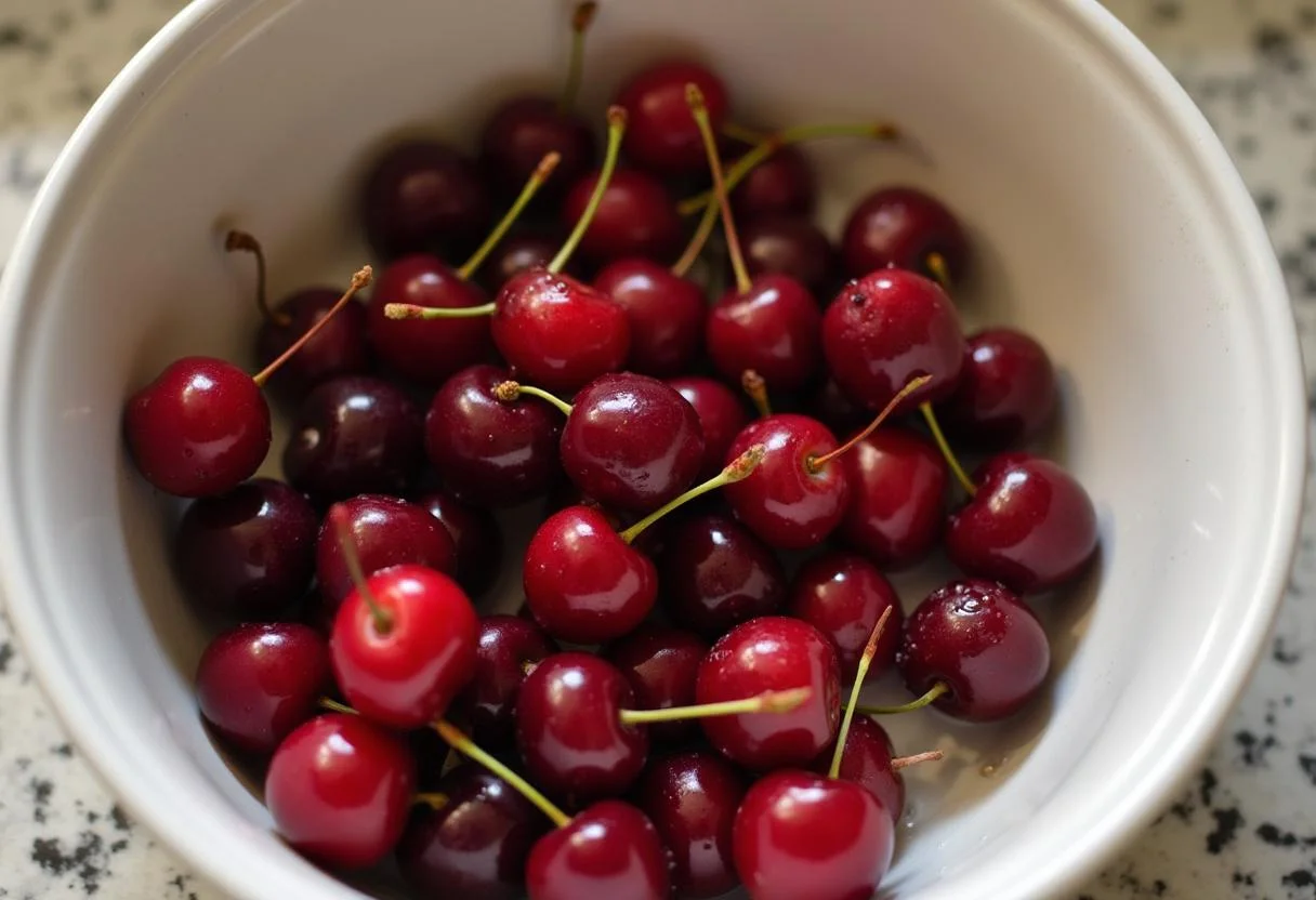 Cerezas frescas en un bol, listas para ser utilizadas en la receta de cerezas frescas.