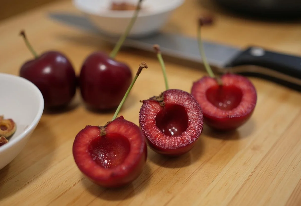 Cerezas frescas cortadas por la mitad para la receta de cerezas frescas, mostrando su jugo delicioso.