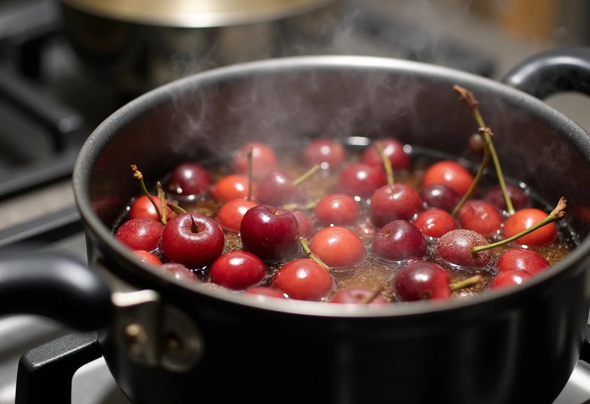 Cerezas frescas cocinándose en una cacerola para la receta de cerezas frescas, creando un delicioso jarabe.