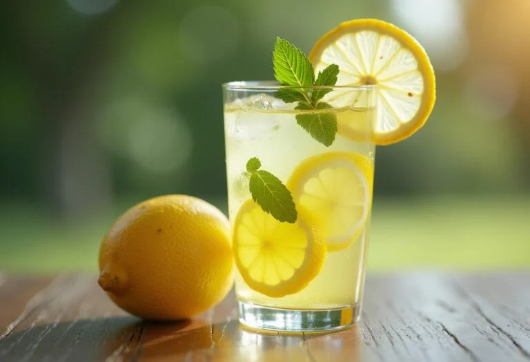 Refreshing citrus limon drink with lemon slices and mint, perfect for warm days.