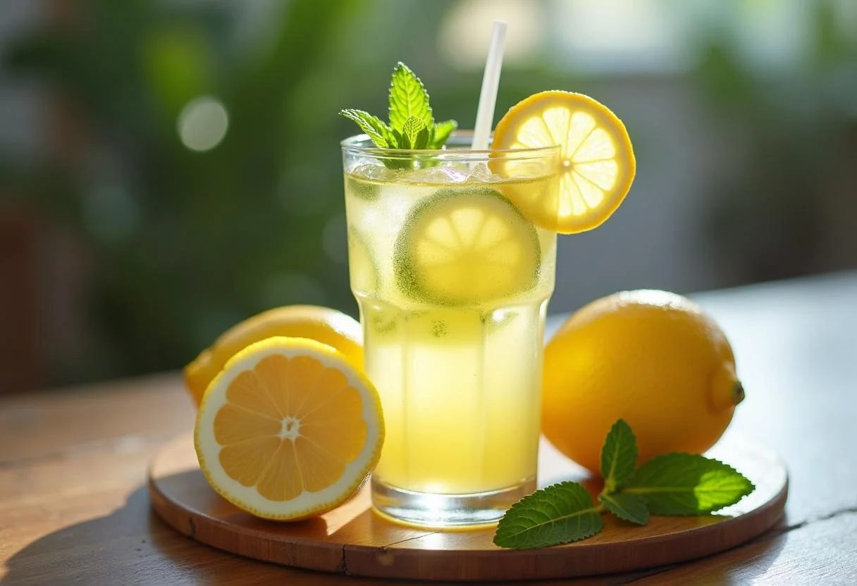 Refrescante bebida de citrus limon con rodajas de limón y menta, perfecta para los días cálidos.