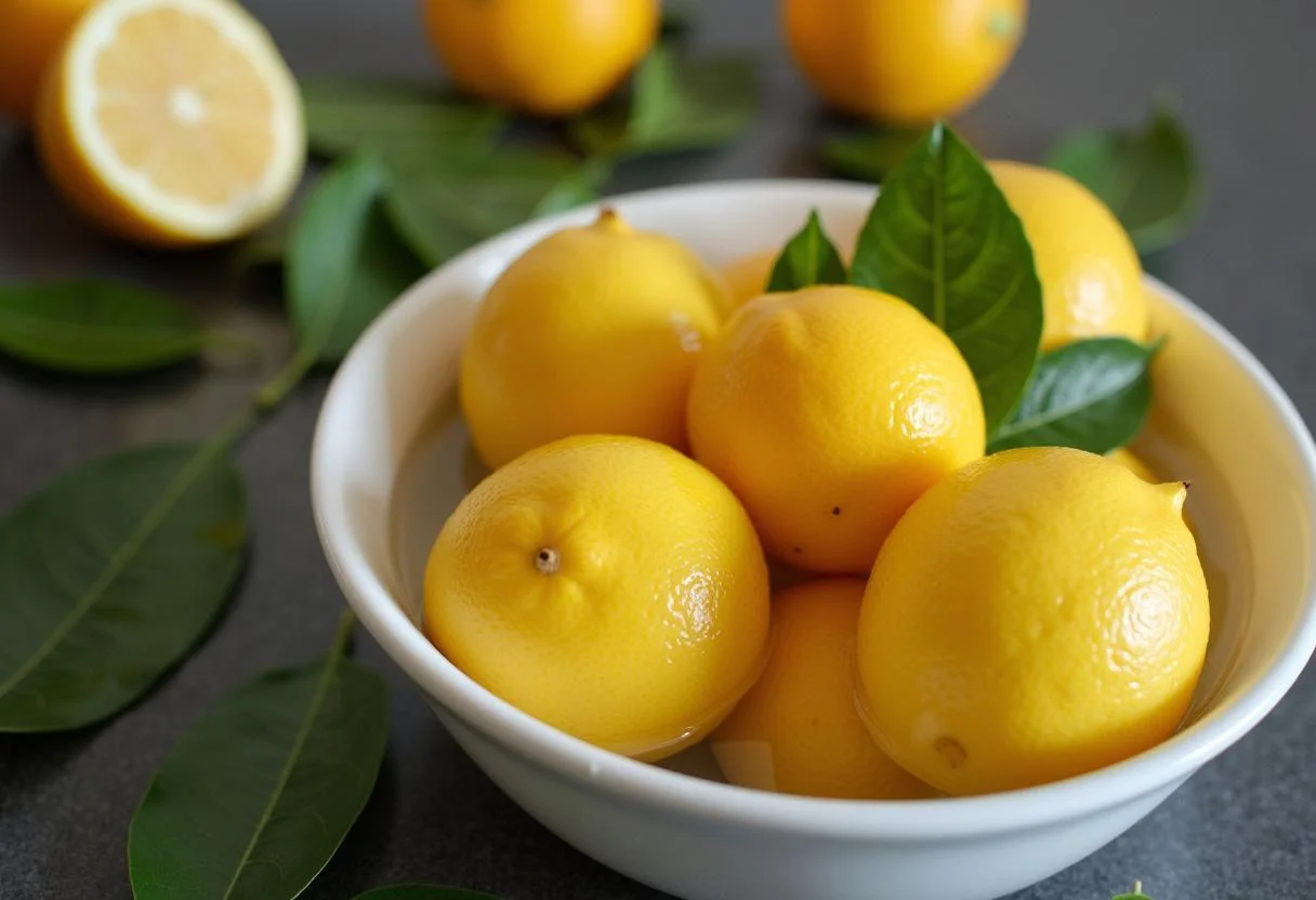 Limones frescos siendo lavados para hacer la receta de citrus limon.