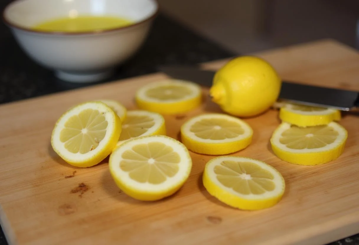 Cortando limones en una tabla de cortar para la preparación del citrus limon.
