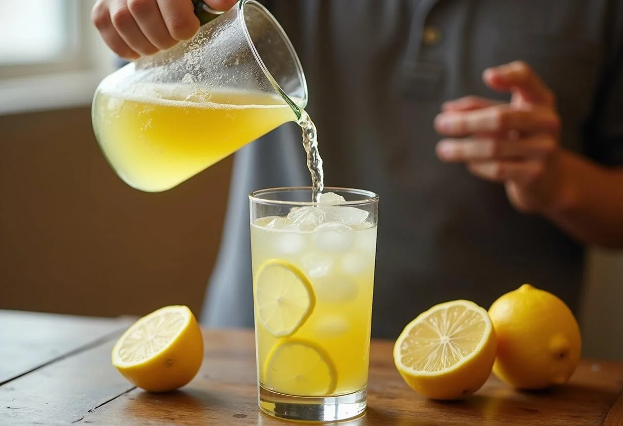 Viertiendo citrus limon en un vaso sobre hielo, listo para servir.
