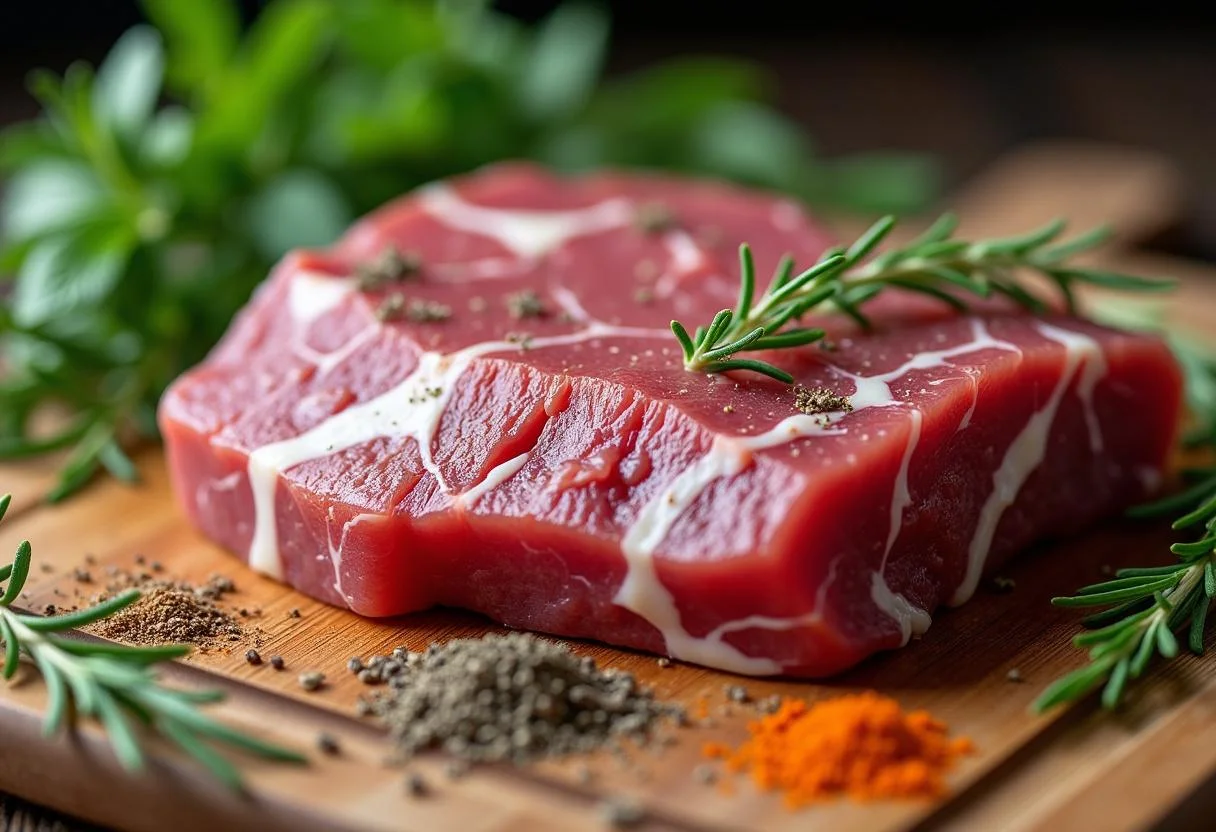Piece of entraña de ternera prepared for seasoning in a delicious recipe.