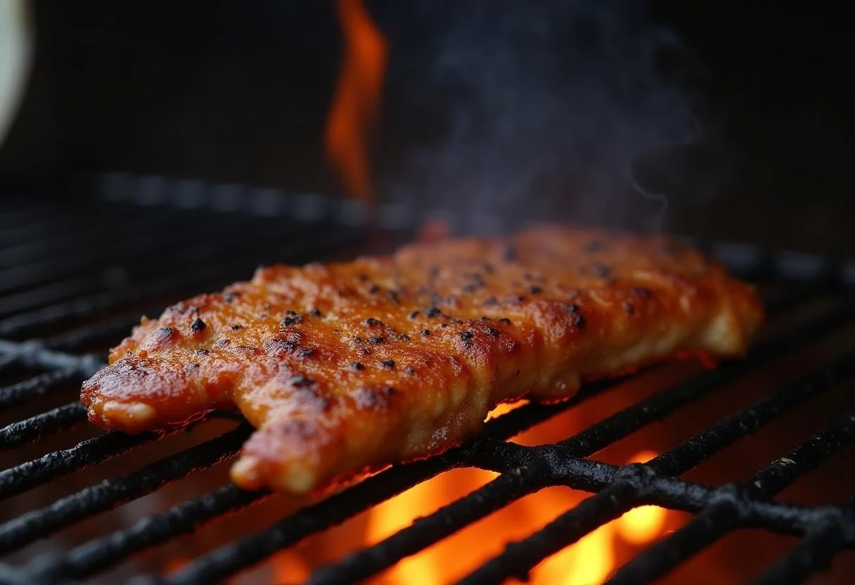 Grilling seasoned entraña de ternera for a mouthwatering flavor.