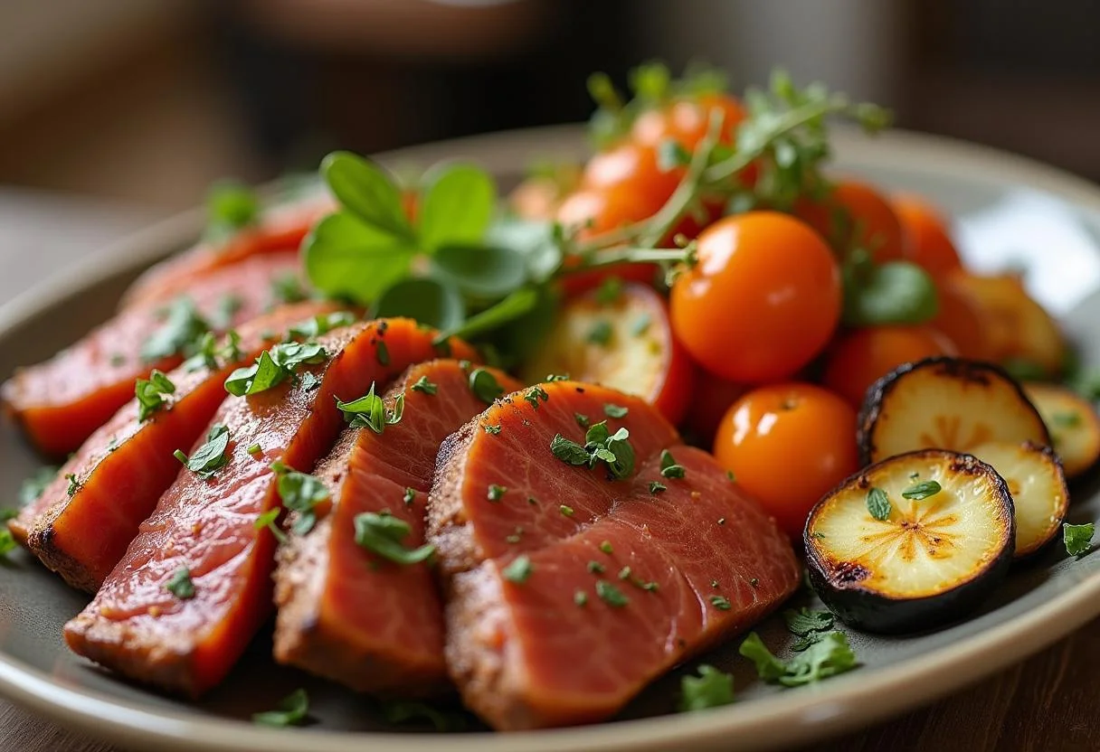 Platter of sliced entraña de ternera ready to be served, showcasing the delicious meal preparation.