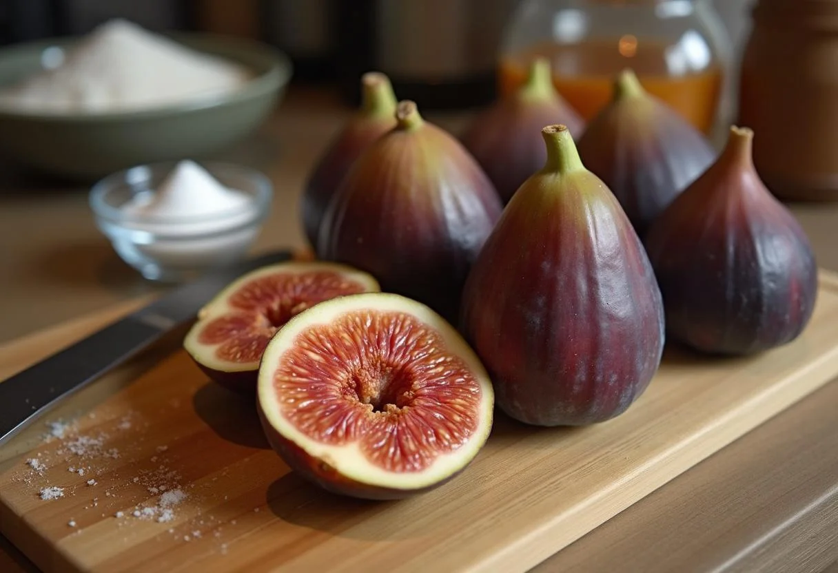 Fresh figs cut in half, ready for making higos secos, destacando las propiedades de los higos secos.