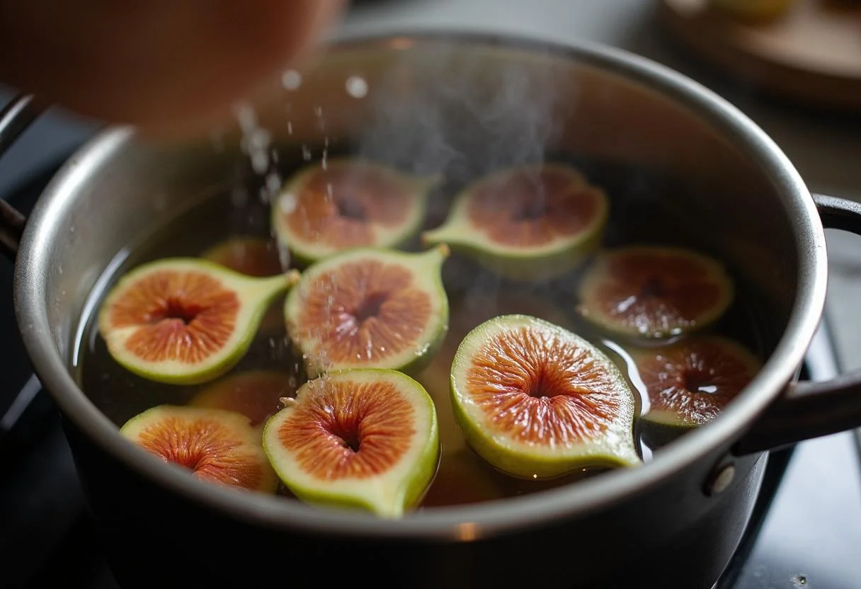Halved figs added to simmering water for preparing higos secos, resaltando propiedades de los higos secos.