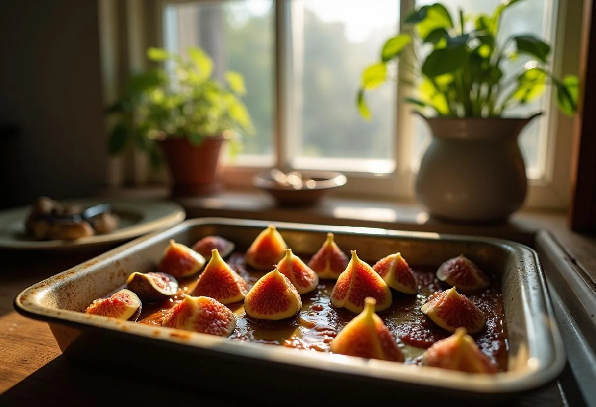 Baking tray with figs being placed in a sunny spot for drying higos secos, aprovechando las propiedades de los higos secos.