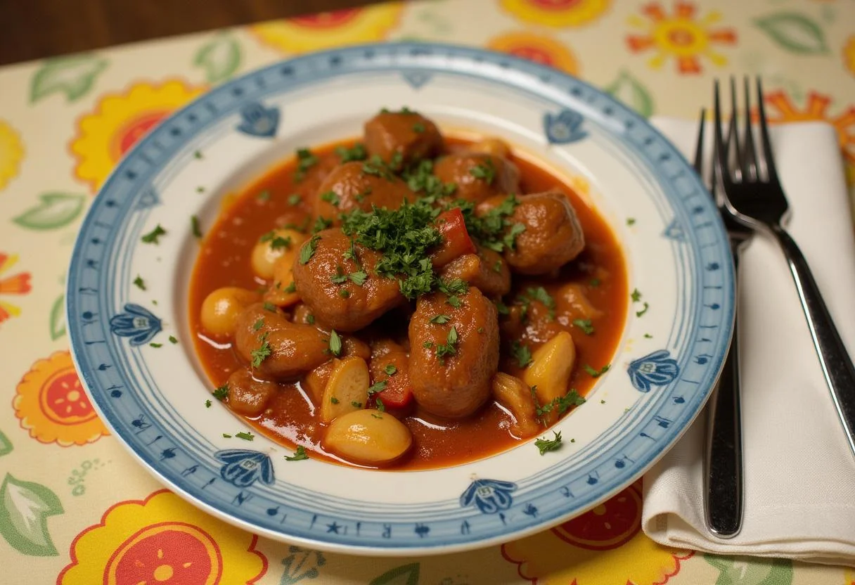 Revuelto de morcillas servido y adornado para una comida tradicional española.