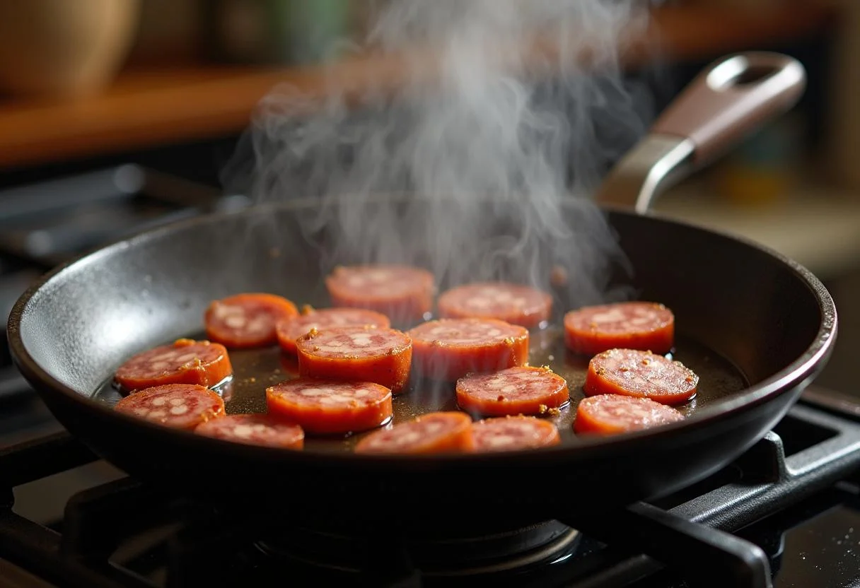 Rodajas de morcilla cocinándose en una sartén para el revuelto de morcillas.