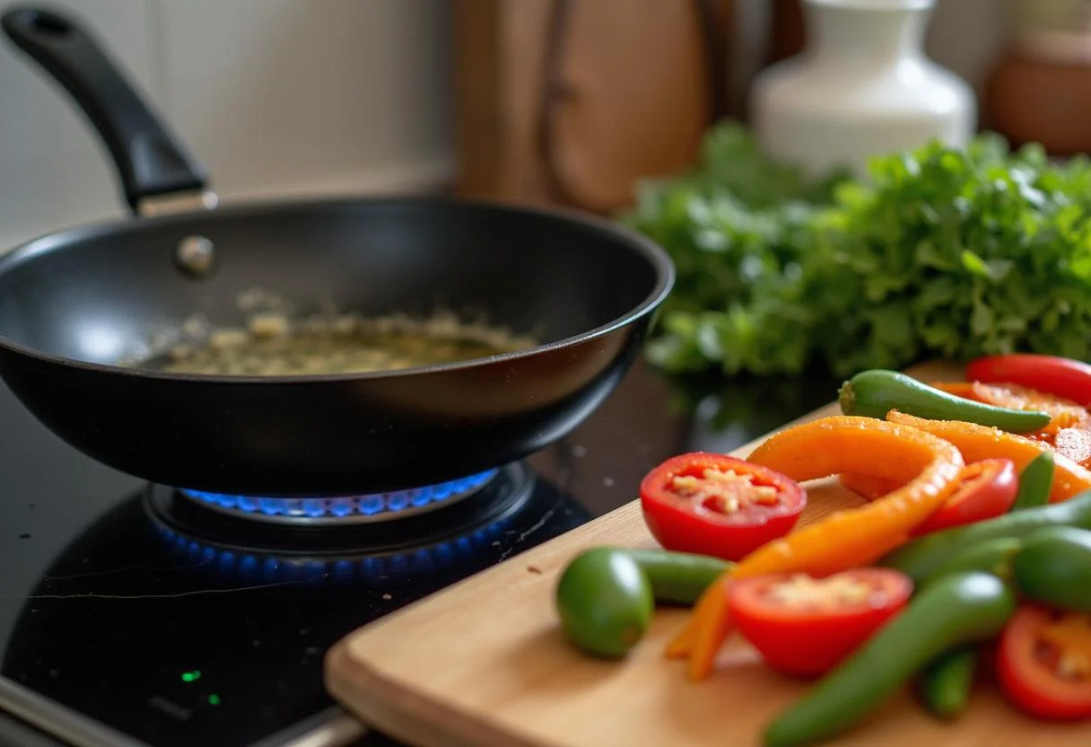 Sofriendo verduras coloridas para acompañar el pescado San Pedro en la estufa.