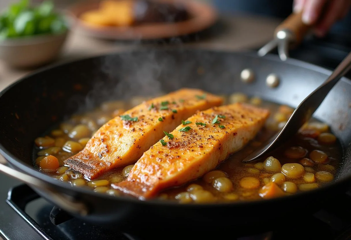 Pescado San Pedro siendo cocinado en una sartén caliente, mostrando su dorado perfecto.